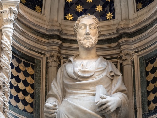 The statue of Saint James 1410-1412 attributed to Niccolo di Pietro Lamberti in the external niches of the church of Orsanmichele in Florence, Italy. photo