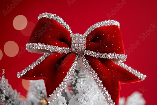 Christmas tree topper shaped like a velvet bow, adorned with sparkling crystal beads, red background photo