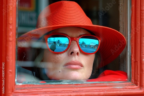 fashionable woman exudes confidence and mystery with her red hat and sunglasses, reflecting the urban landscape