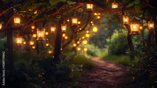 Wallpaper Mural A forest path lined with glowing lanterns hanging from branches Torontodigital.ca