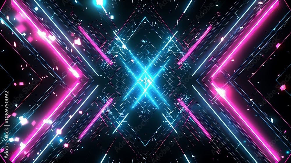 Obraz premium A futuristic abstract background with bright blue and pink lights forming geometric patterns against a black backdrop