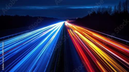 A Nighttime View of a Multilane Highway with Car Lights Streaking By