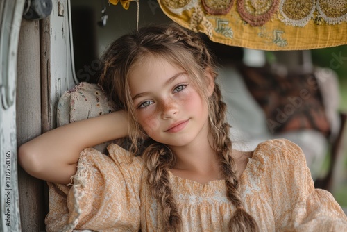 bohemian lifestyle, bohemian girl with braids relaxes on vintage caravan porch, intricate event banner hangs gracefully above photo