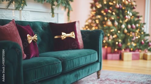 vintage inspired Christmas living room, featuring a deep emerald green velvet sofa, burgundy throw pillows adorned with velvet bows, and a navy blue rug photo