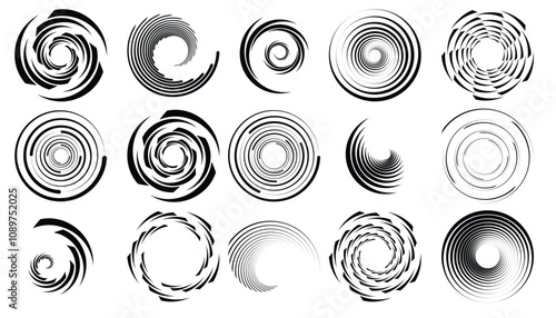 Striped halftone round elements, twisters, halftone circular textures with stripes, radial halftone tornado