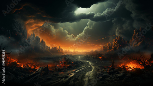 A landscape of dark stormy sky over a dirt road