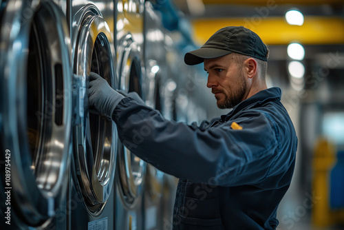 A worker managing industrial washing machines. photo