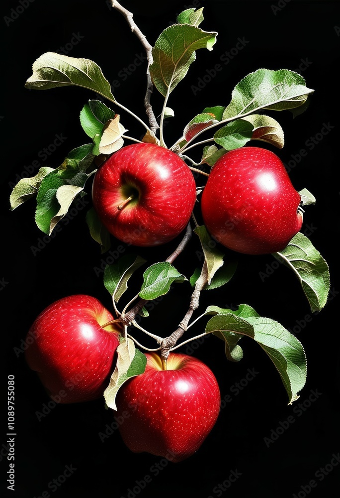 Obraz premium a branch with leaves from a tree with ripe, liquid red apples on a branch on a black background