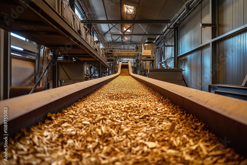 Biomass feeding system with conveyor belt, clean industrial architecture. photo