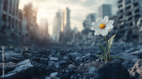 A single white flower grows in the ruined cityscape, warzone. Symbol of peace, save human life. Generative AI