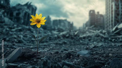 A vibrant yellow flower blooming amidst the ruins of a destroyed city. Symbolizes hope, resilience, and life emerging. Generative AI photo