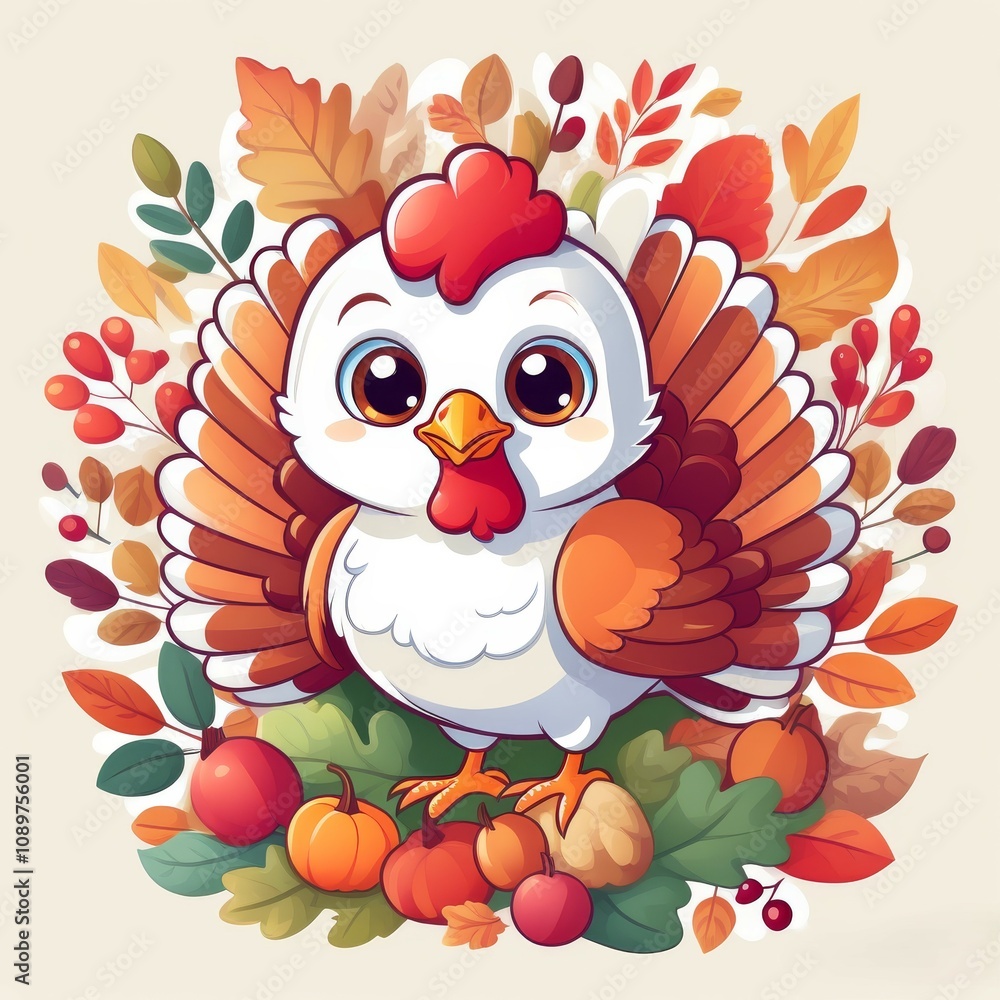 Naklejka premium Cartoon bright in autumn colors, orange style, hand-drawn lush pretty little turkey clipart, Thanksgiving holiday, on a white background