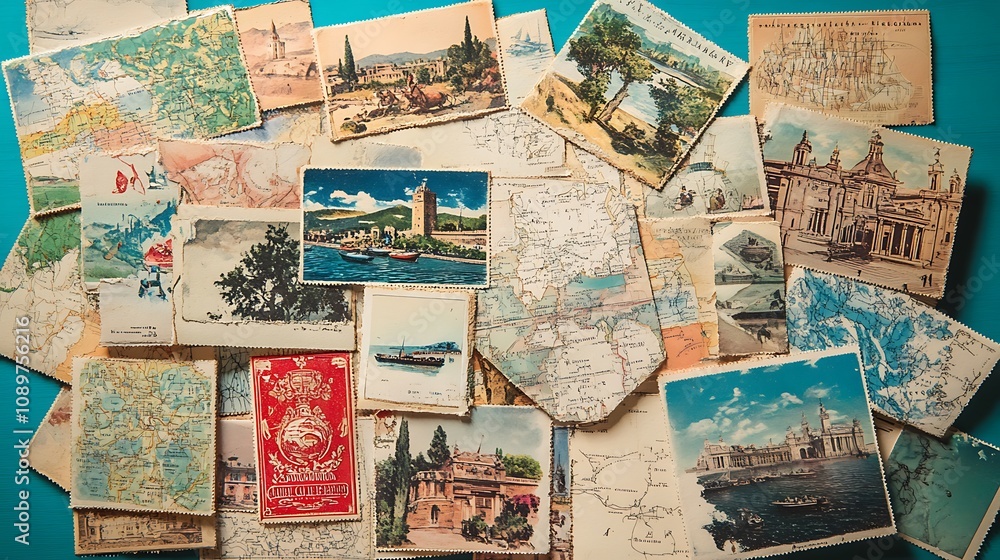 Naklejka premium Vintage postcards and maps showcasing travel memories.