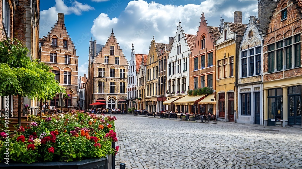 Obraz premium Charming cobblestone street lined with colorful historic buildings and outdoor cafes in a European city.