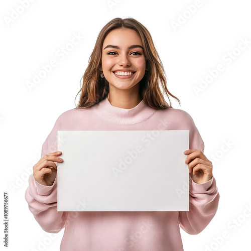 Smiling young woman holding a blank paper sheet, isolated on transparent cutout background photo