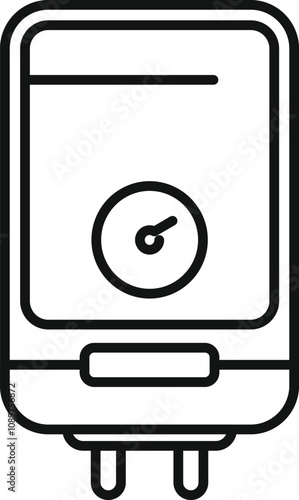 Simple outline icon of a boiler displaying current temperature, featuring a clock and two pipes for connection