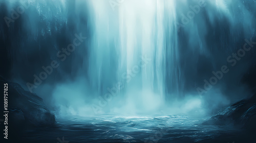 Dense fog with light rays. Shimmering Waterfall Veil. Illustration