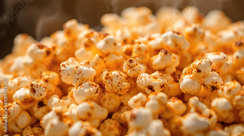 Fototapeta Naklejka Na Ścianę i Meble -  Close-up view of freshly popped popcorn dusted with red chili powder and spices
