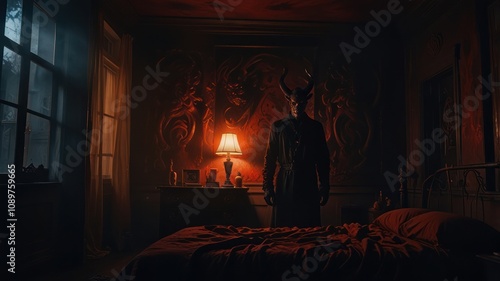 A man in a devil mask stands in a dark bedroom with a red bedspread and a lamp on the nightstand, creating a sinister and mysterious atmosphere.
