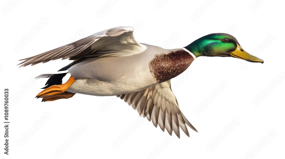 Obraz premium Side view of a white, green and brown Flying Mallard Drake on white background