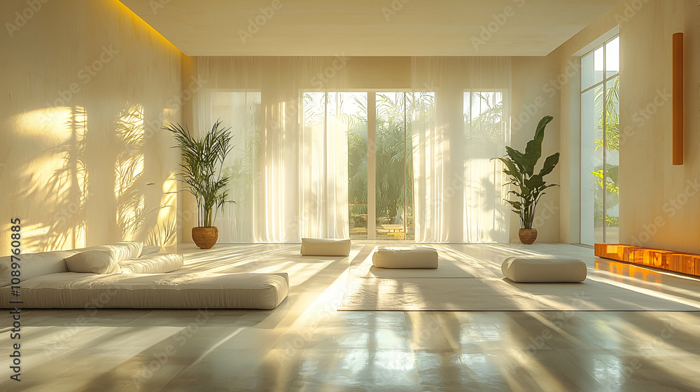 Fototapeta premium A serene, sunlit interior featuring minimalist decor, soft cushions, and plants, creating a calming atmosphere for relaxation or meditation.