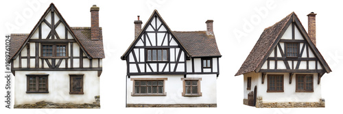 A medieval timber-framed house featuring white plaster walls and prominently exposed dark wood beams, showcasing traditional craftsmanship, isolated on a transparent background photo