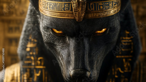 Close-up of the face of Anubis, the Egyptian god of death, with intricate golden hieroglyphs on his headdress.