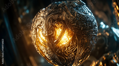 Close-up of the golden apple of discord, glowing ominously with intricate carvings. photo