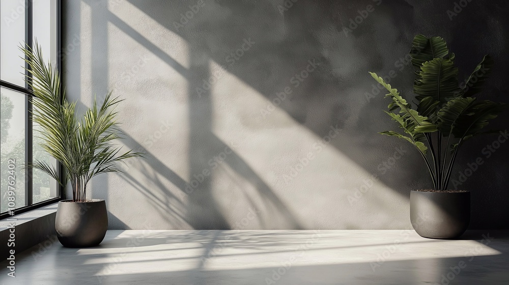 Fototapeta premium A large, empty room with a window and plants. Modern and minimalist