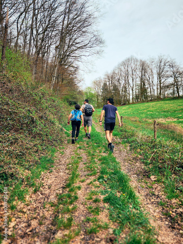 Un père et ses deux fils randonnent avec dynamisme au printemps dans un champ en lisière de forêt, ils sont vu de dos, ils portent un sac à dos