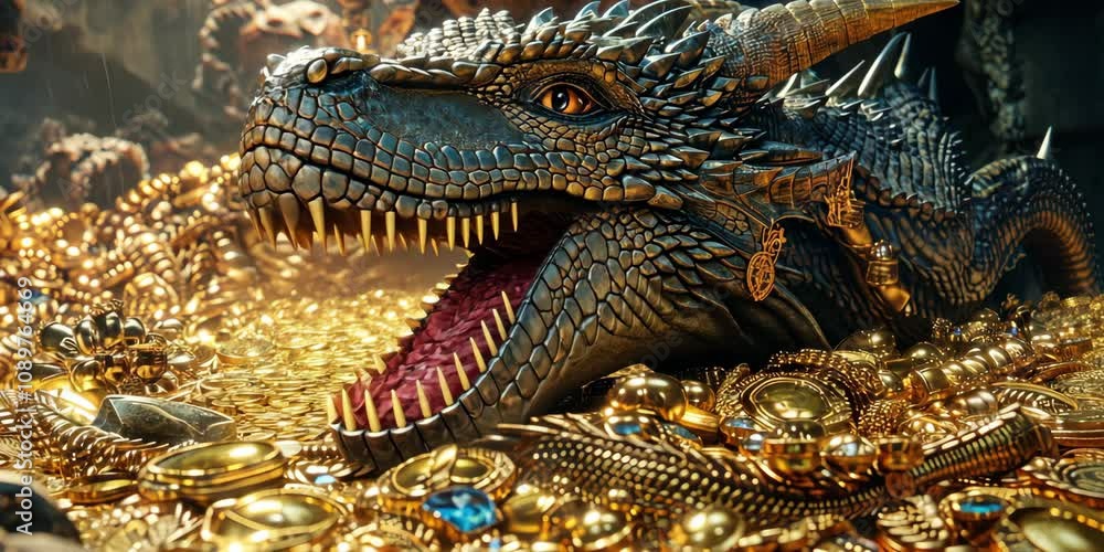 Wise and ancient dragon resting atop a mountain of gold and jewels in a ...