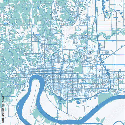 Map of Evansville in Indiana in a professional blue style. Contains layered vector with roads water, parks, etc.