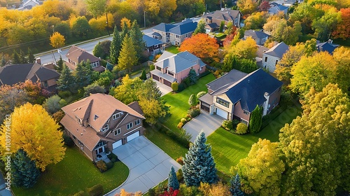 Aerial view of suburban homes in autumn.