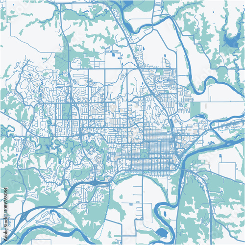 Map of Manhattan in Kansas in a professional blue style. Contains layered vector with roads water, parks, etc.