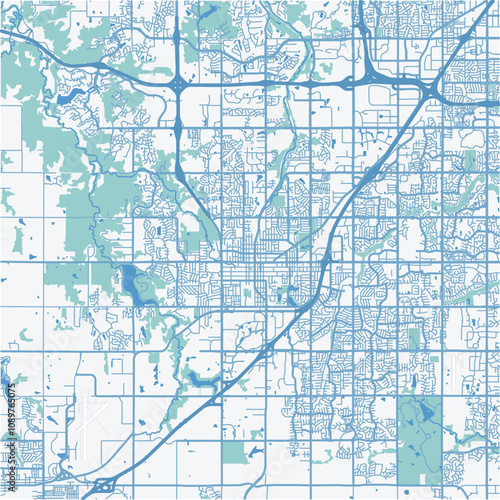 Map of Olathe in Kansas in a professional blue style. Contains layered vector with roads water, parks, etc.