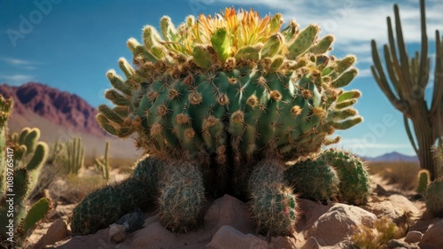 A large cactus plant with a blooming flower in the foreground, with a red mountain range in the background and other cacti plants.