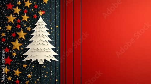 Asymmetrical vibrant red and gold stars on one side, bold minimalistic white christmas tree offset, thin black lines framing the design
