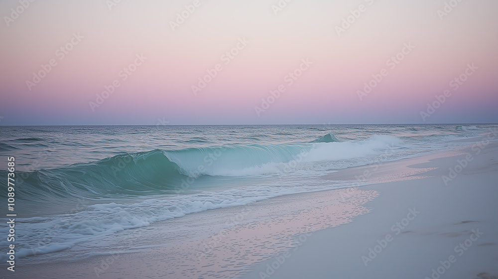 Obraz premium the ocean waves hitting a white sand beach, with a pastel pink and lavender sky