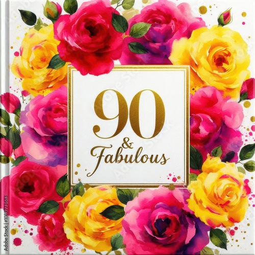 Colorful floral design celebrating 90th birthday with vibrant roses and elegant text. photo