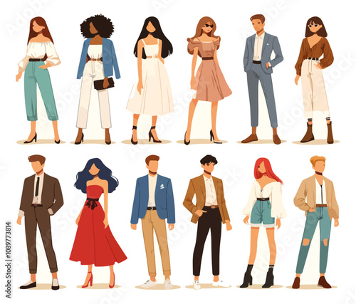 Vector illustration of diverse individuals in stylish outfits, showcasing modern fashion trends and elegant attire, ideal for lifestyle and fashion themes