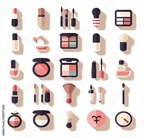 Vector illustration of various makeup and beauty tools, including lipsticks, brushes, and palettes, designed in a flat and modern style.