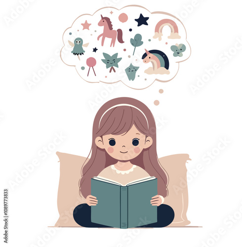 Vector illustration of a young girl reading a book, imagining magical creatures and objects, symbolizing creativity, imagination, and childhood wonder. white background