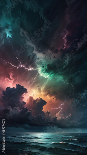 Storm clouds and lightning with colors in the clouds.