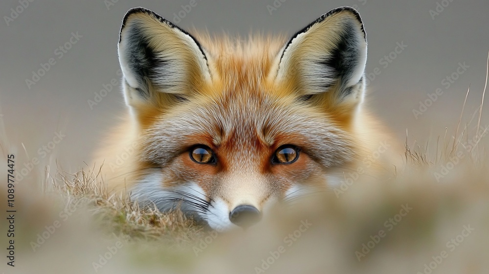 Fototapeta premium Red fox peering from tall grass.