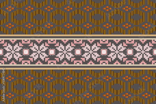 Classic western embroidery pattern, geometric shapes, seamless, damask flowers, brown background, vector illustration.