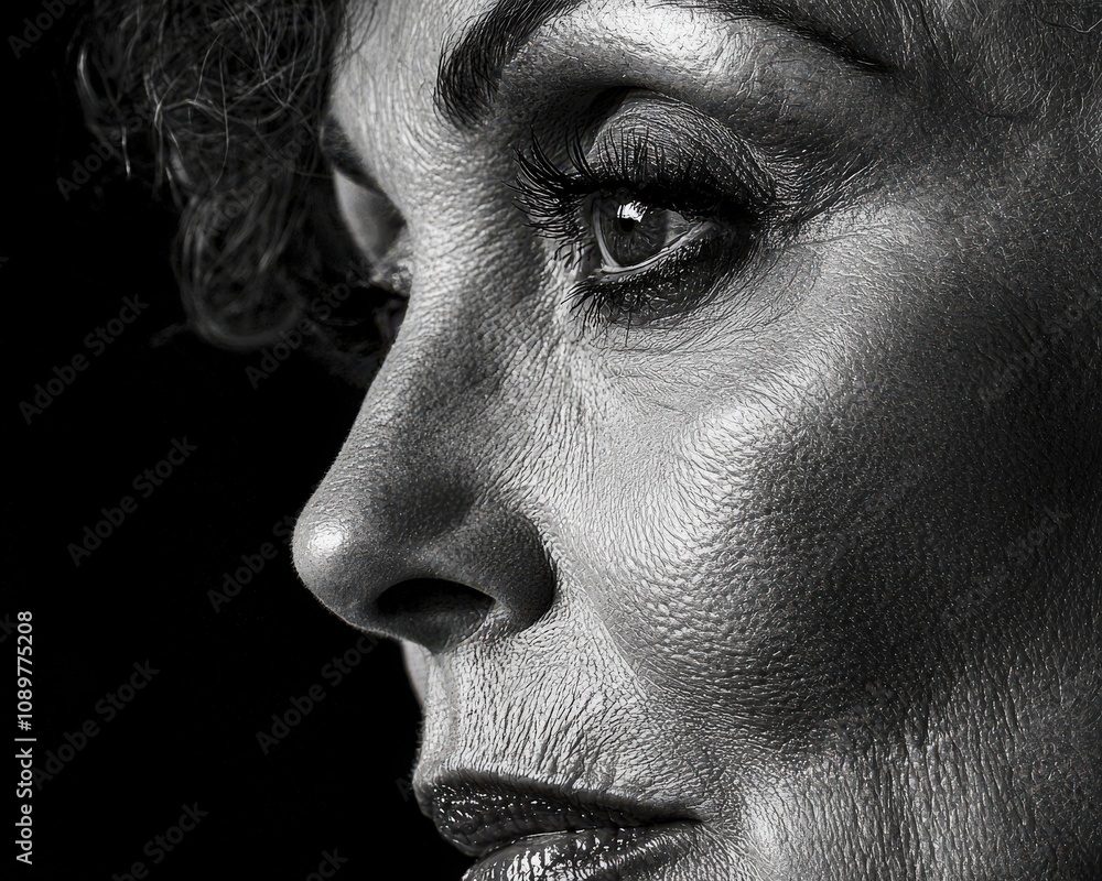 Naklejka premium Portait of an elderly woman deep in thought against a calming dark blue backdrop