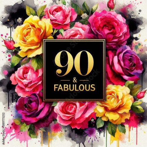 Vibrant floral arrangement celebrating 90 years of fabulousness in colorful blooms. photo