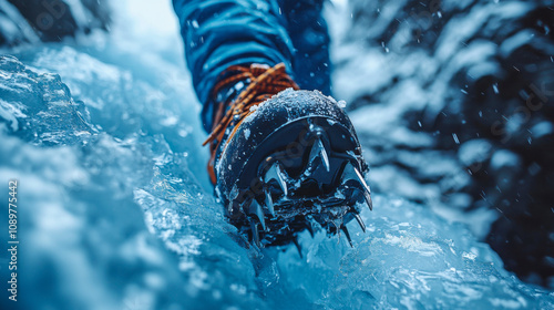 Close-up of climber's boot with crampons traversing icy terrain outdoors photo