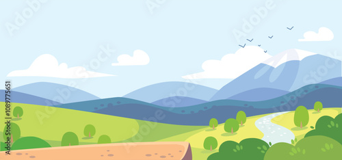 mountain landscape panorama, sunny valley painted in an artistic style, aerial perspective, paradise, eden