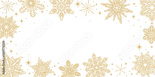 Gold snowflake frame line art vector winter holiday banner design, greeting template, elegant wallpaper
